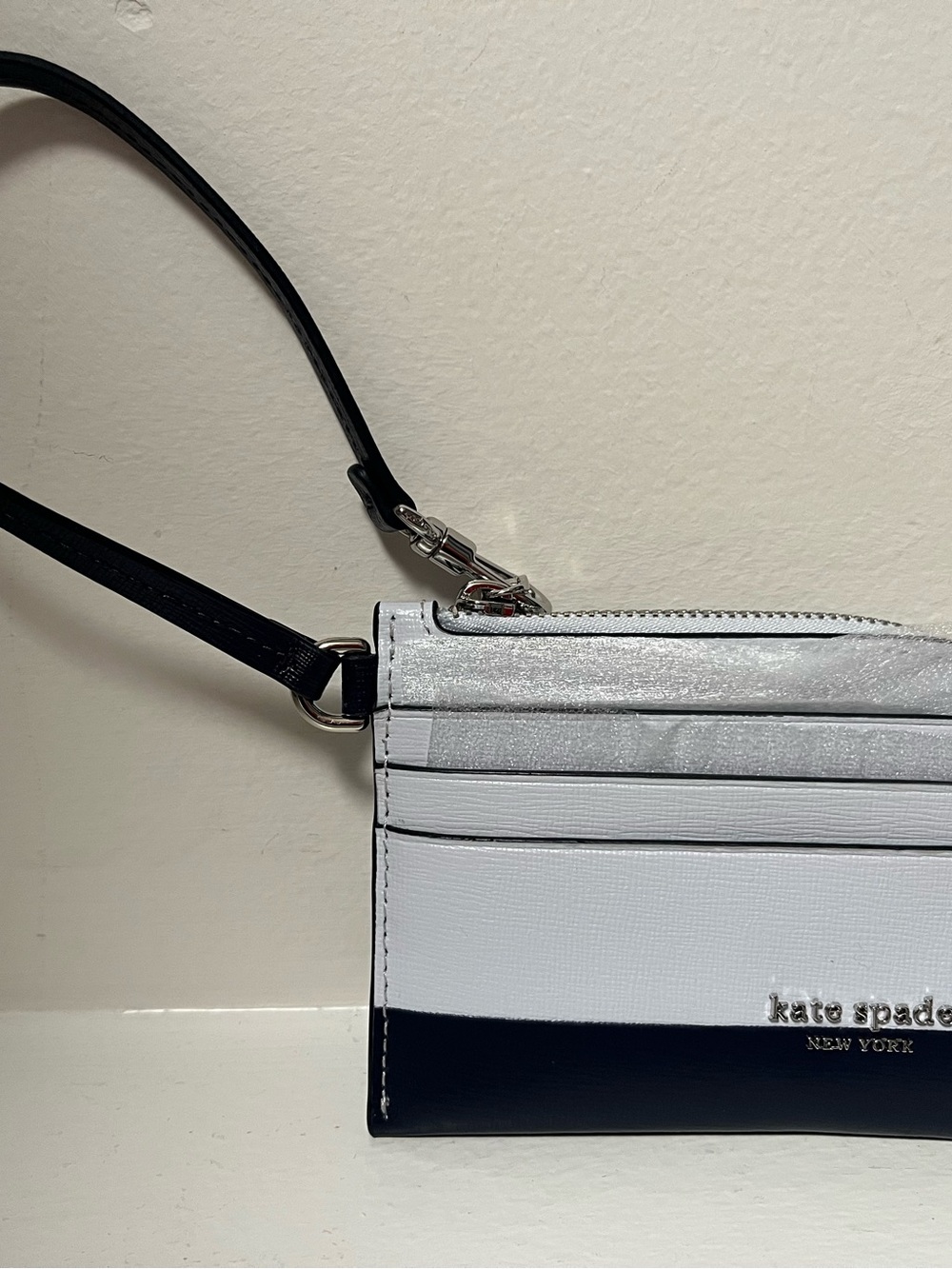 kate spade baby blue, navy and silver Leather Wristlet Card Holder
